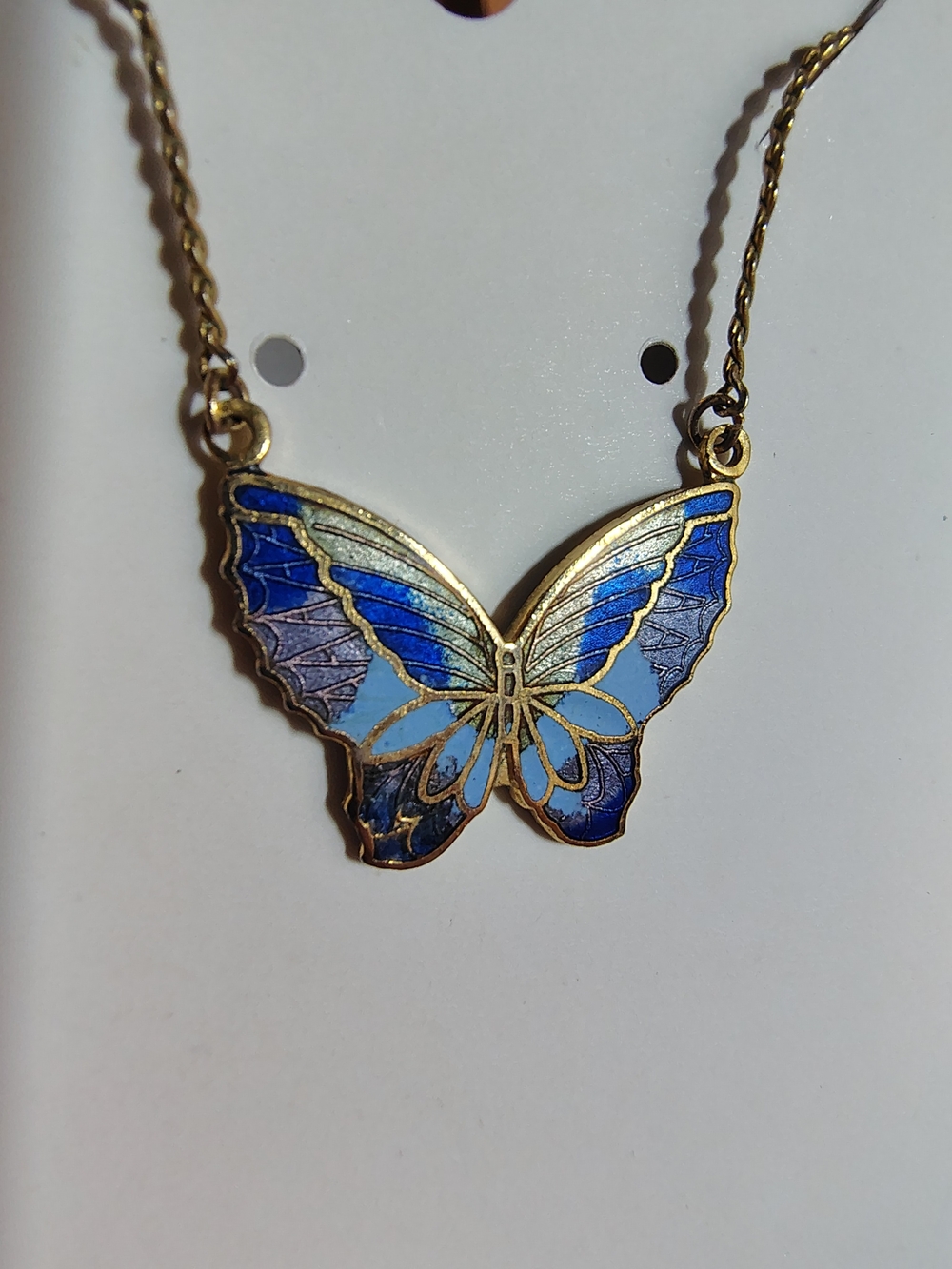 Vintage Japanese Cloisonné Butterfly Necklace Blue Enamel Gold Tone SN Perf Cond